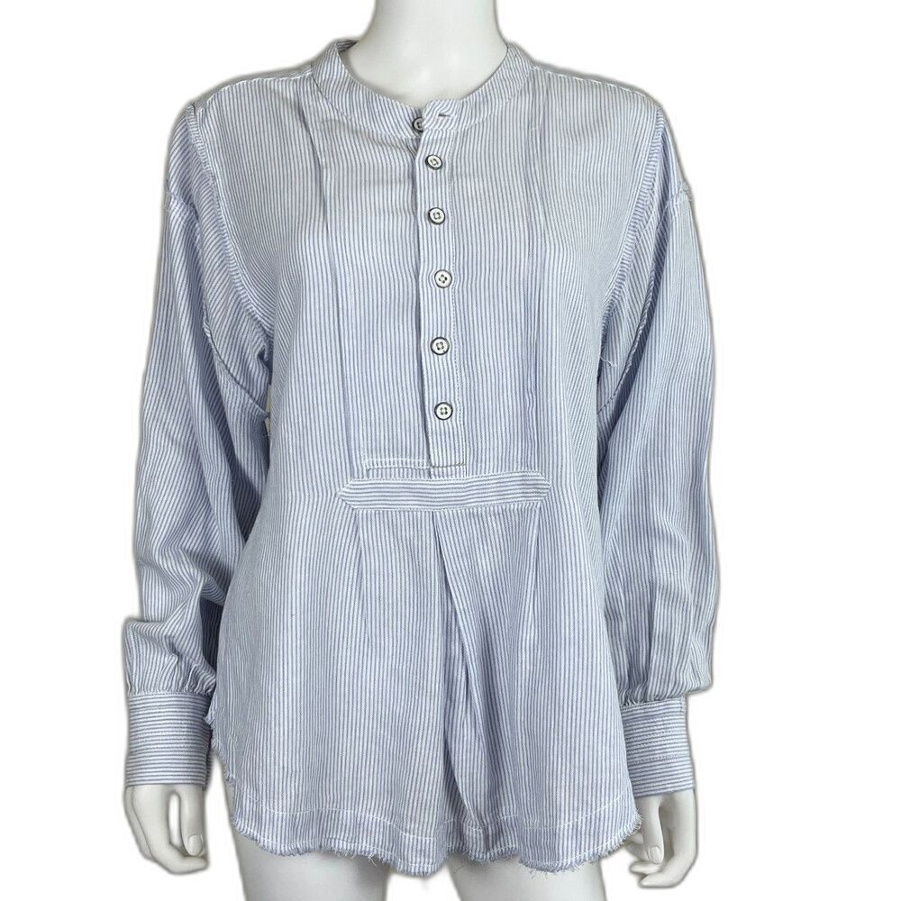 Free People Womens Size S Blue Pinstripe Sky Combo Edge Washed Tunic Blouse Boho